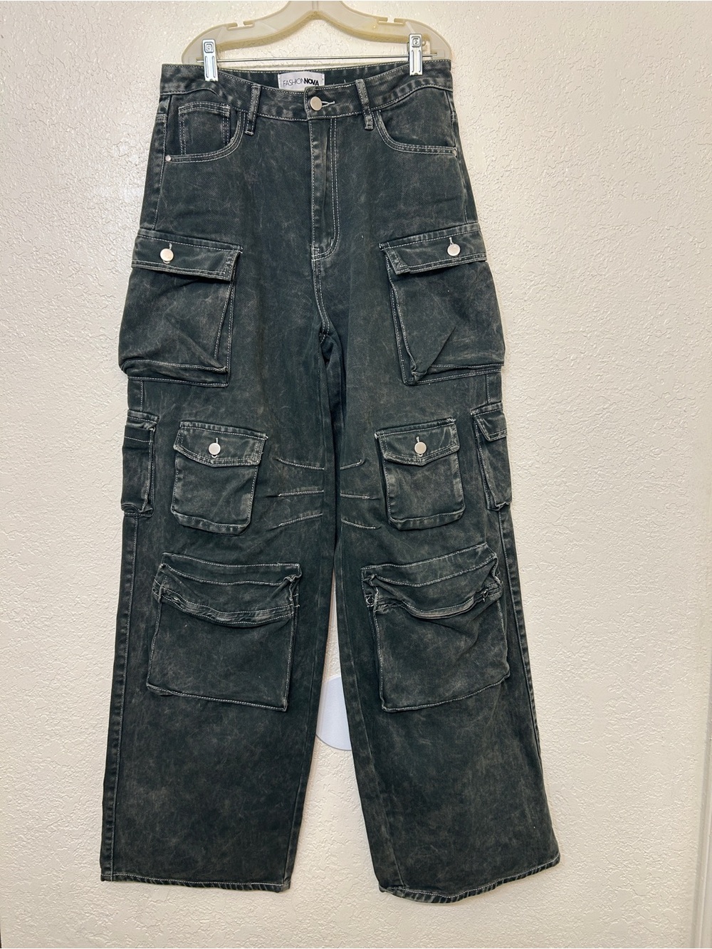 Fashion Nova Green Washed High Rise Cargo Jeans